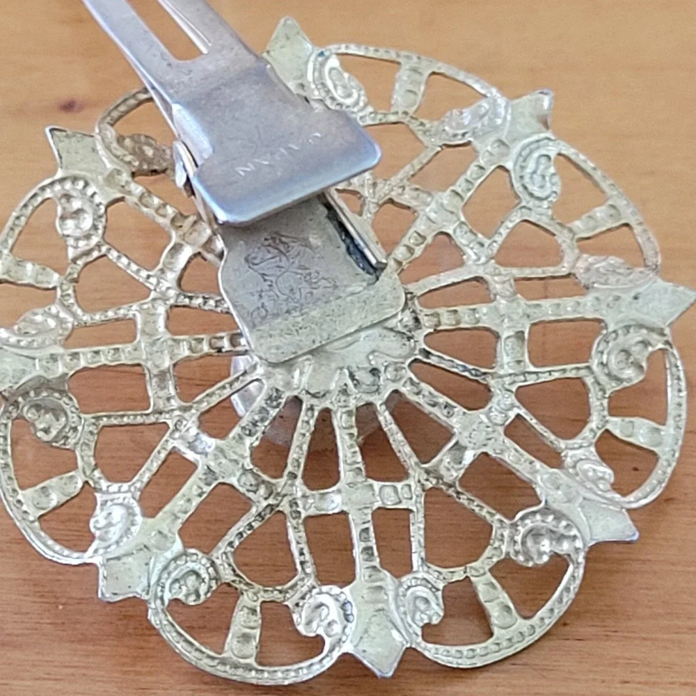 Vintage JAPAN Filigree Flower Hair Clip Smoky Rhinestone Silver Tone